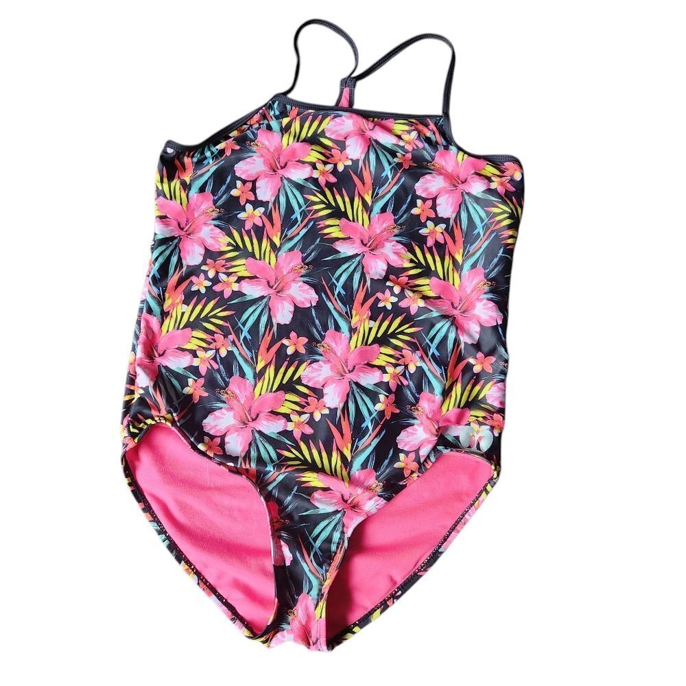 EUC Hurley Girls 14/16 Tropical Floral Pink Swimsuit Beach Pool Summer UPF 50+